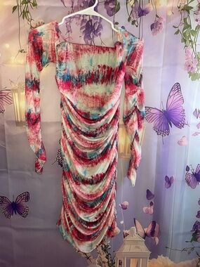Fashion Nova Ruched Tie-Dye Long Sleeve Midi Dress - Pink & Teal